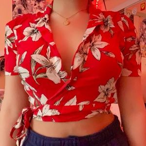 red floral wrap crop top